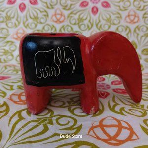 Soapstone 4.5" Elephant Red & Black Votive Candle Holder - Hand Cut & Painted